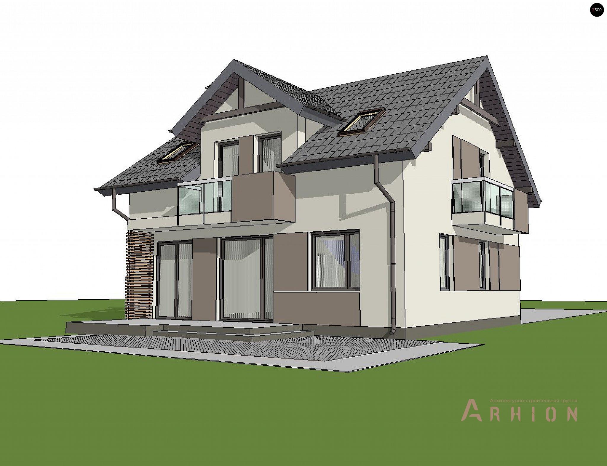 4. Проект одноэтажного дома в европейском стиле с двускатной кровлей, Z65 v2, площадью - 131 кв c мансардой, терассой, балконом, эркером